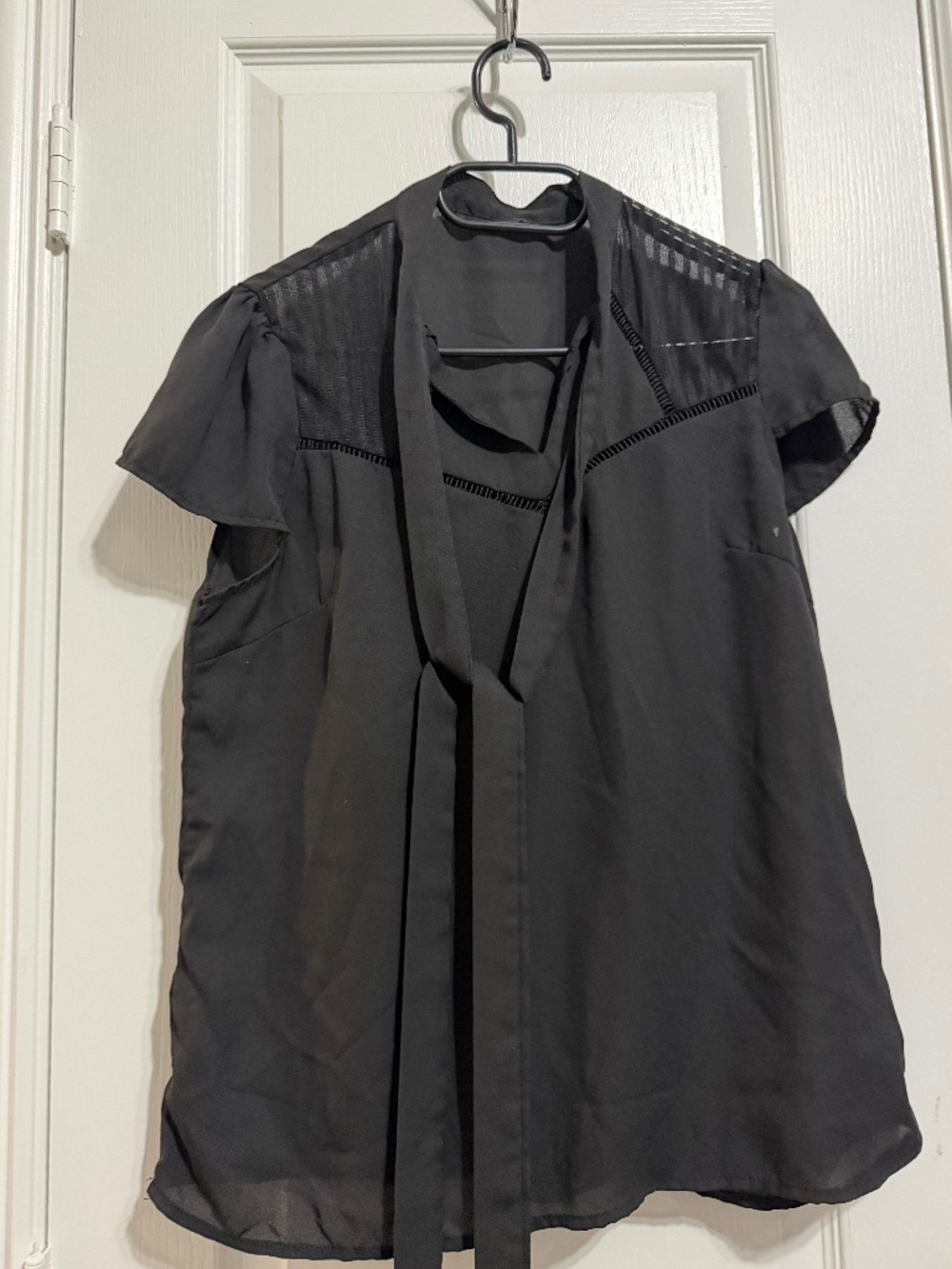 Black Tie Neck Sheer Stripe Mesh Panel Flutter Sleeve Blouse